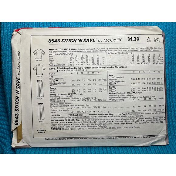 McCalls 8543 Sewing pattern knit top half sleeve pant pleat front size 12 14 16 - Picture 3 of 5